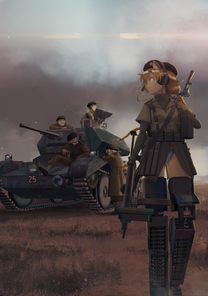 1girl, 4boys, absurdres, beard, blue_eyes, braid, brown_hair, commentary_request, elbow_gloves, facial_hair, furukawa_herzer, gloves, ground_vehicle, gun, hat, headphones, highres, long_hair, long_sleeves, mecha_musume, military, military_hat, military_jacket, military_uniform, military_vehicle, motor_vehicle, multiple_boys, no_pants, outdoors, panties, prosthesis, smile, tank, underwear, uniform, weapon, white_panties, world_witches_series