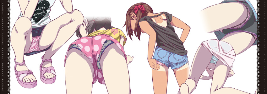 5girls, adjusting_clothes, adjusting_panties, all_fours, black_shirt, black_shorts, blue_shirt, blue_shorts