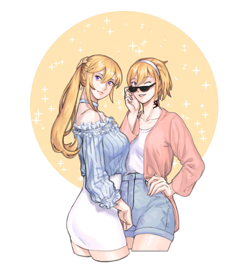 2girls, absurdres, adjusting_eyewear, alternate_costume, bare_shoulders, blonde_hair, casual, choker, contemporary, final_fantasy, final_fantasy_xiv, gs_(vkvks14011), hairband, hand_on_hip, highres, long_hair, looking_at_viewer, looking_back, lyse_(ffxiv), multiple_girls, neck_tattoo, one_eye_closed, ponytail, short_hair, shorts, siblings, sisters, skirt, smile, strapless, sunglasses, tattoo, violet_eyes, yda_(ff14)