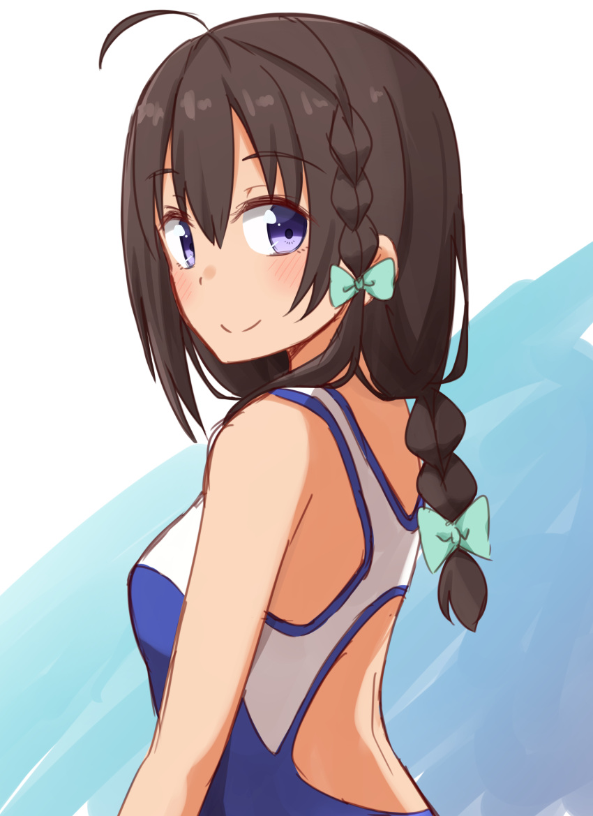 1girl, backless_outfit, bangs, black_hair, blue_swimsuit, blush, bow, braid