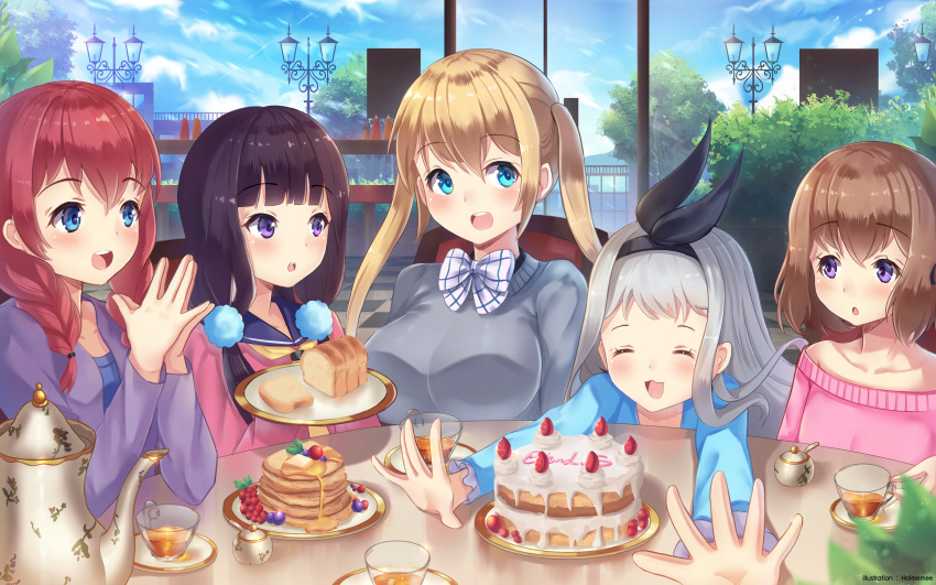 1boy, 4girls, :d, :o, absurdres, amano_miu, artist_name, black_hair, blend_s, blonde_hair, blue_eyes, blue_sky, blush, bow, braid, bread, breasts, brown_hair, cake, closed_eyes, clouds, cup, day, eye_contact, facing_viewer, food, fruit, grey_hair, grey_sweater, hands_together, highres, hinata_kaho, holmemee, hoshikawa_mafuyu, jacket, kanzaki_hideri, lamppost, large_breasts, long_hair, looking_at_another, multiple_girls, open_mouth, outstretched_arms, pancake, plater, redhead, sakuranomiya_maika, scenery, school_uniform, serafuku, sitting, sky, small_breasts, smile, stack_of_pancakes, strawberry, striped, striped_bow, sweater, syrup, table, tea, teacup, twintails, violet_eyes