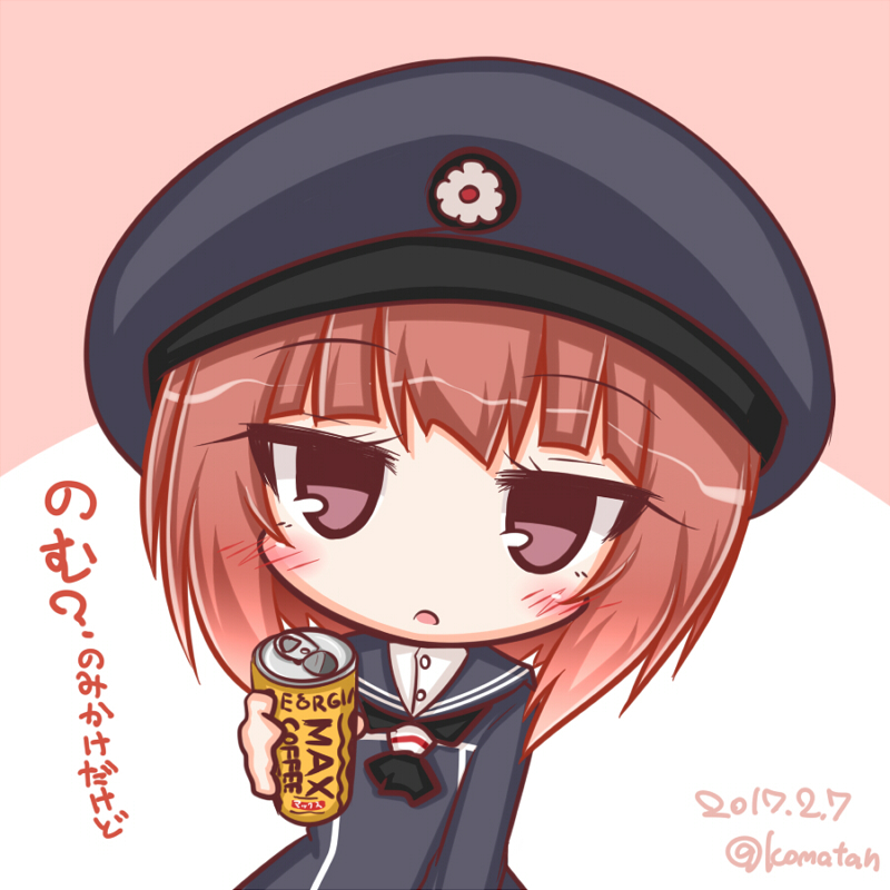 1girl, :o, bangs, black_neckwear, brown_hair, can, canned_coffee, dated