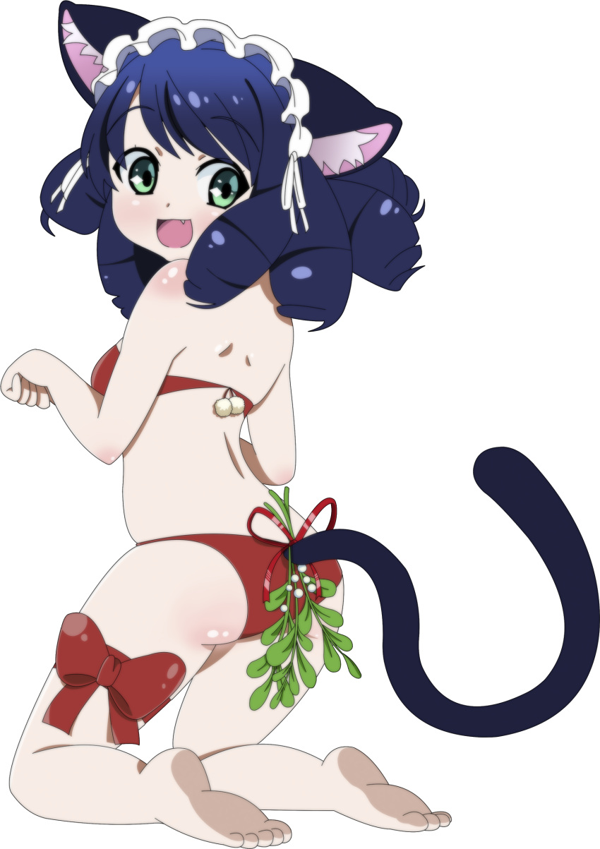 animal_ears, aqua_eyes, back, bikini, blue_hair, cat_ears, cat_tail, christmas