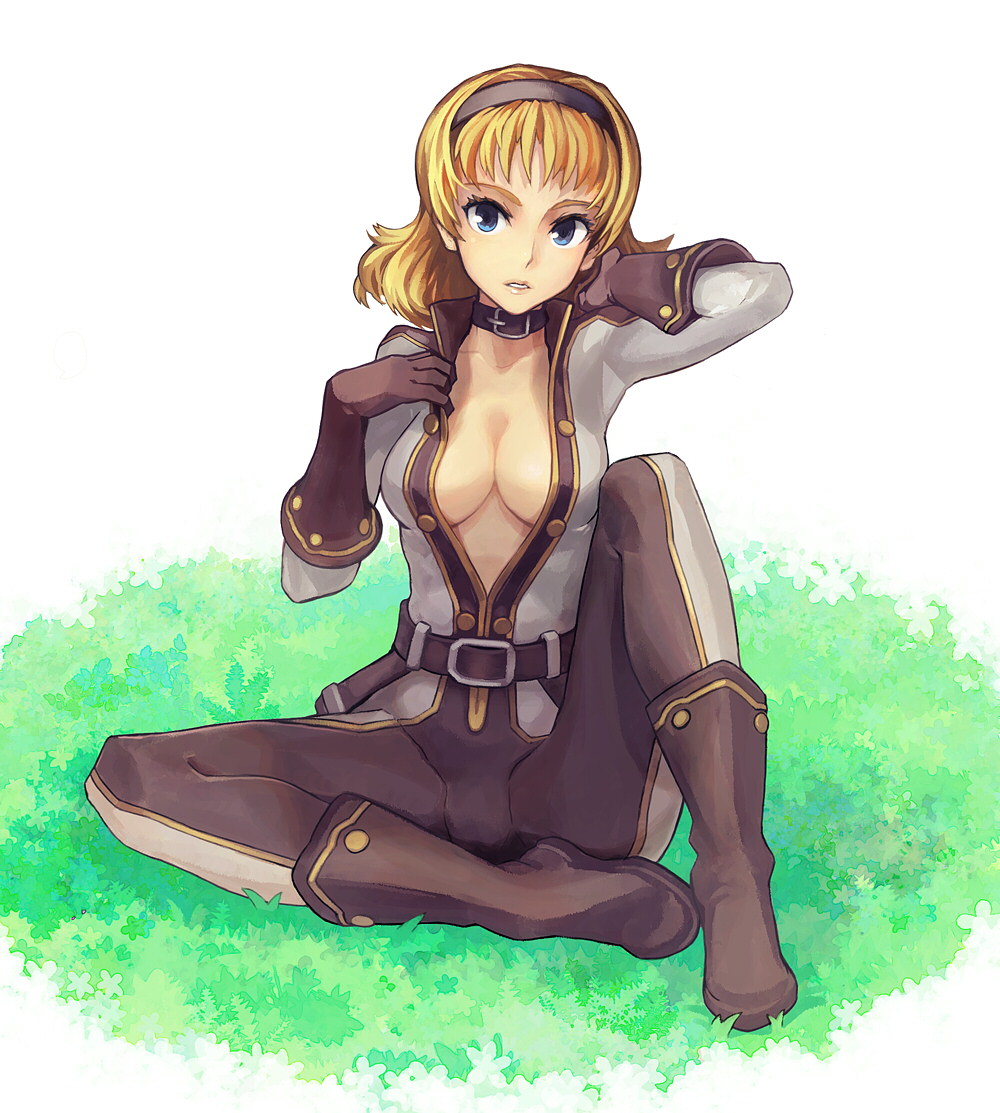 alternate_costume, bad_id, blonde_hair, blue_eyes, bodysuit, breasts, cleavage, collar