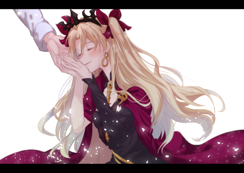 1girl, bangs, black_dress, blonde_hair, blurry, bow, cloak, closed_eyes