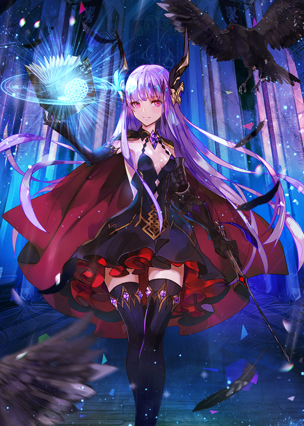 1girl, bird, book, breasts, cape, cleavage, crow, elbow_gloves