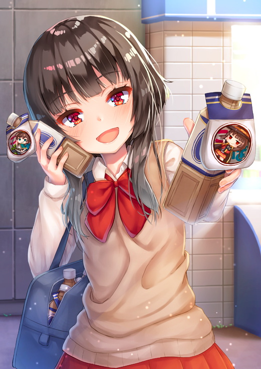 1girl, alternate_costume, bag, bangs, black_hair, blush, bottle, bottle_to_cheek