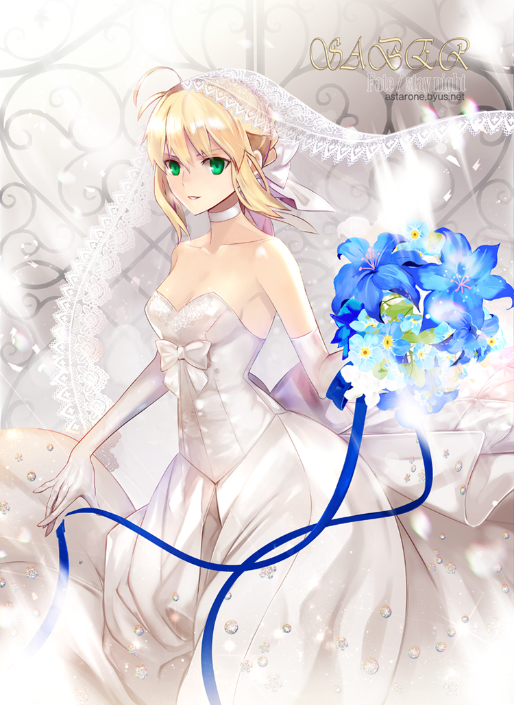 1girl, ahoge, artoria_pendragon_(all), bare_shoulders, blonde_hair, bouquet, breasts, bustier