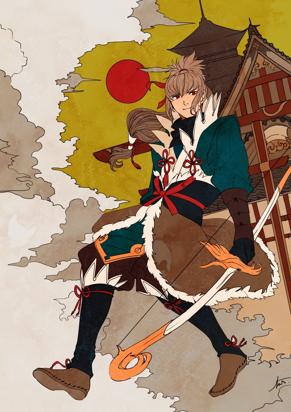 1boy, architecture, bow_(weapon), clouds, east_asian_architecture, fire_emblem, fire_emblem_if, gloves