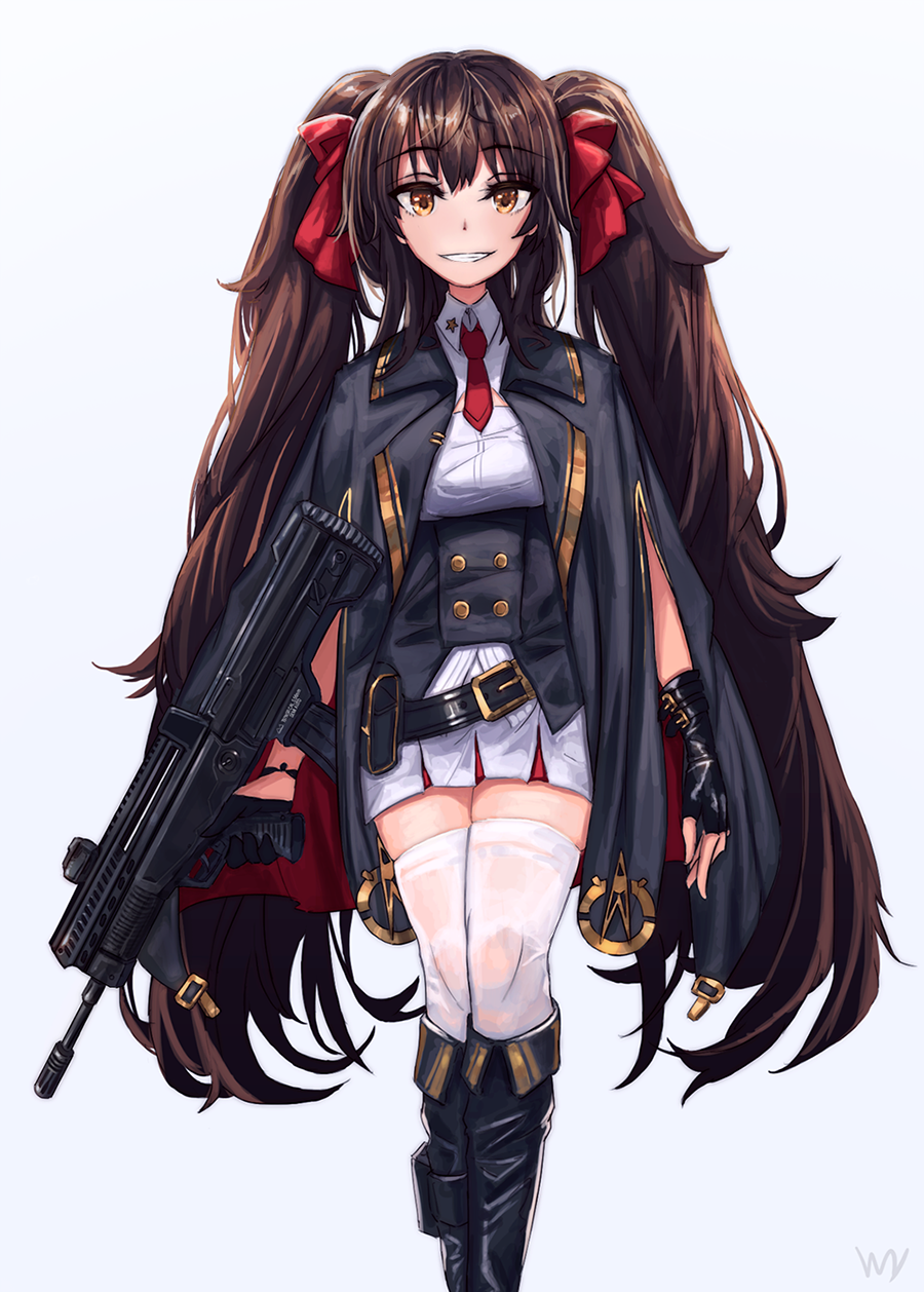 1girl, arms_at_sides, artist_name, assault_rifle, asymmetrical_gloves, bangs, black_hair, blush