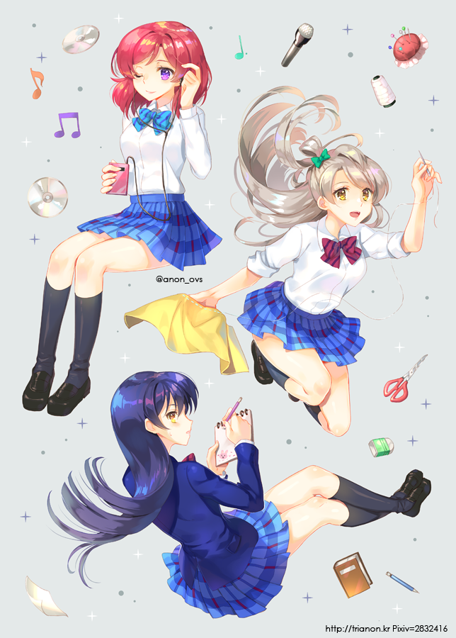 3girls, bangs, blazer, blue_hair, blue_neckwear, book, bow, bowtie