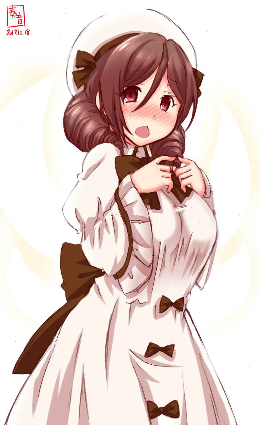 1girl, alternate_costume, black_bow, blush, bow, brown_hair, chestnut_mouth, cosplay