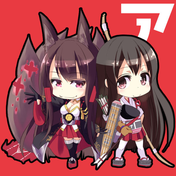 2girls, akagi_(azur_lane), akagi_(kantai_collection), animal_ears, archery, arrow, azur_lane, black_legwear