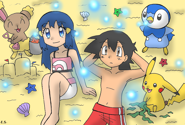 1boy, 1girl, :), :l, animal, beach, bikini, black_eyes