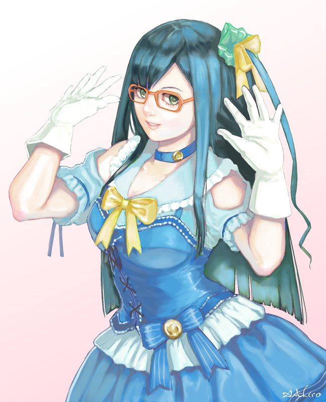 1girl, a_ichiro, anime-gataris, artist_name, black_hair, blue_choker, blue_dress, bow