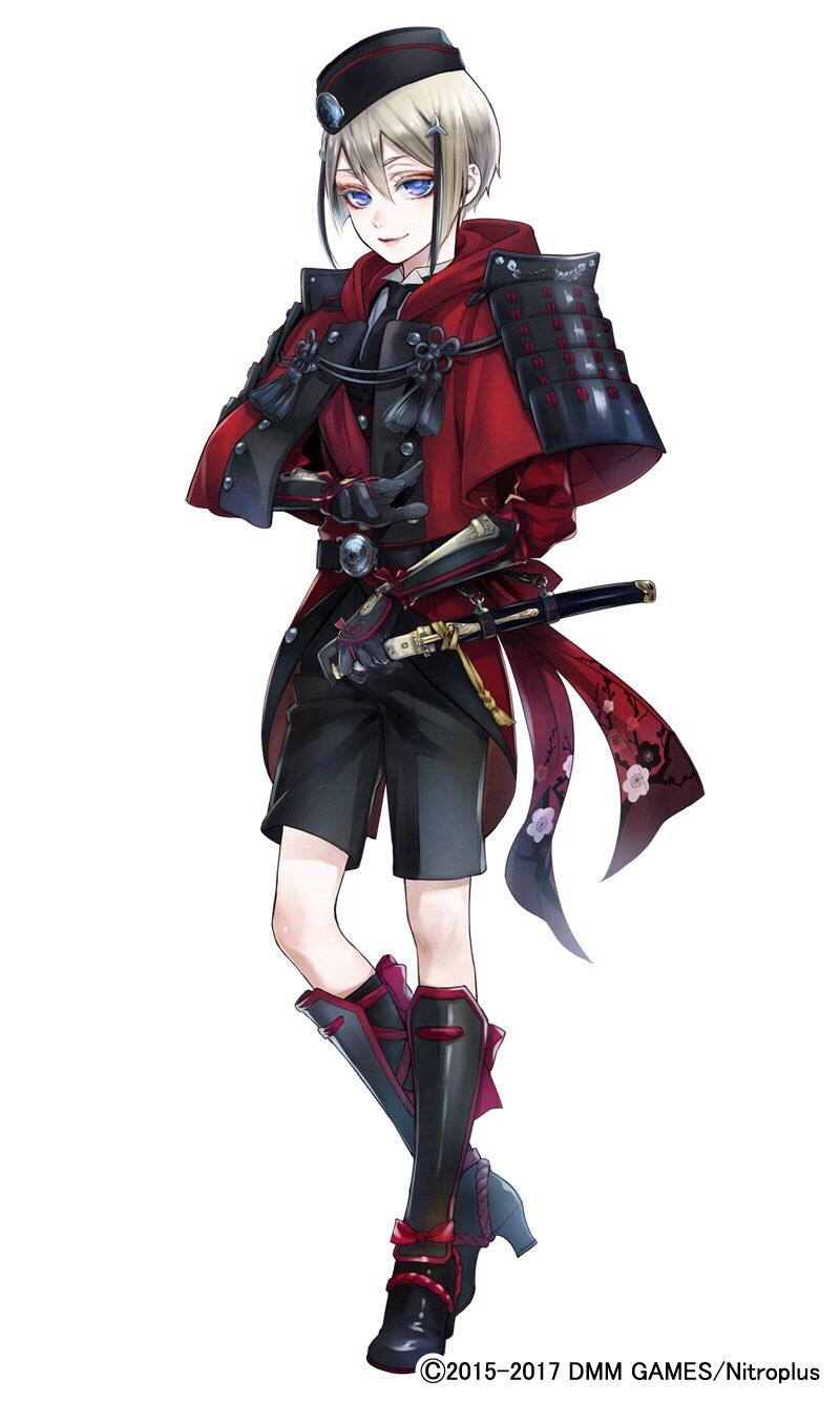 1boy, armor, black_gloves, blue_eyes, colored_eyelashes, full_body, gloves, highres, hyuuga_masamune, japanese_armor, kote, looking_at_viewer, male_focus, multicolored_hair, nitroplus, official_art, pale_skin, shorts, streaked_hair, tantou, tassel, toboso_yana, touken_ranbu