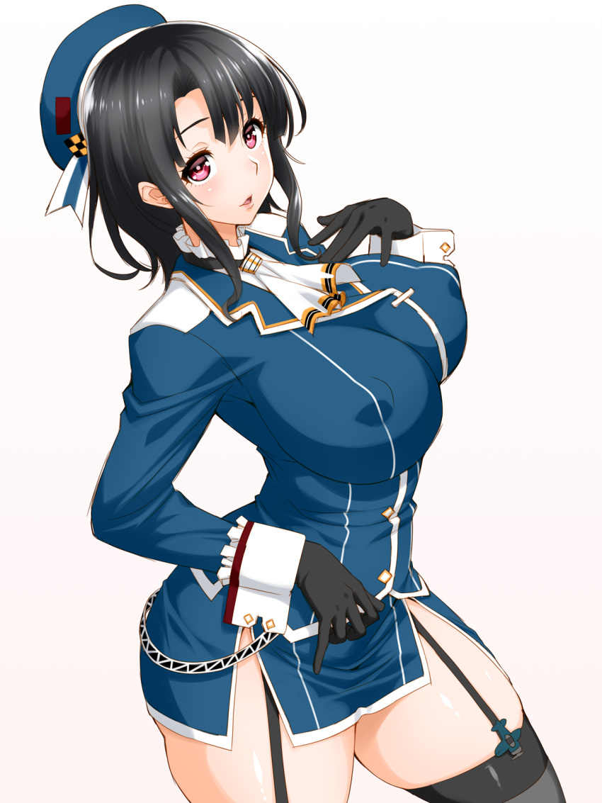 1girl, ass, beret, black_gloves, black_hair, black_legwear, blue_hat, blush
