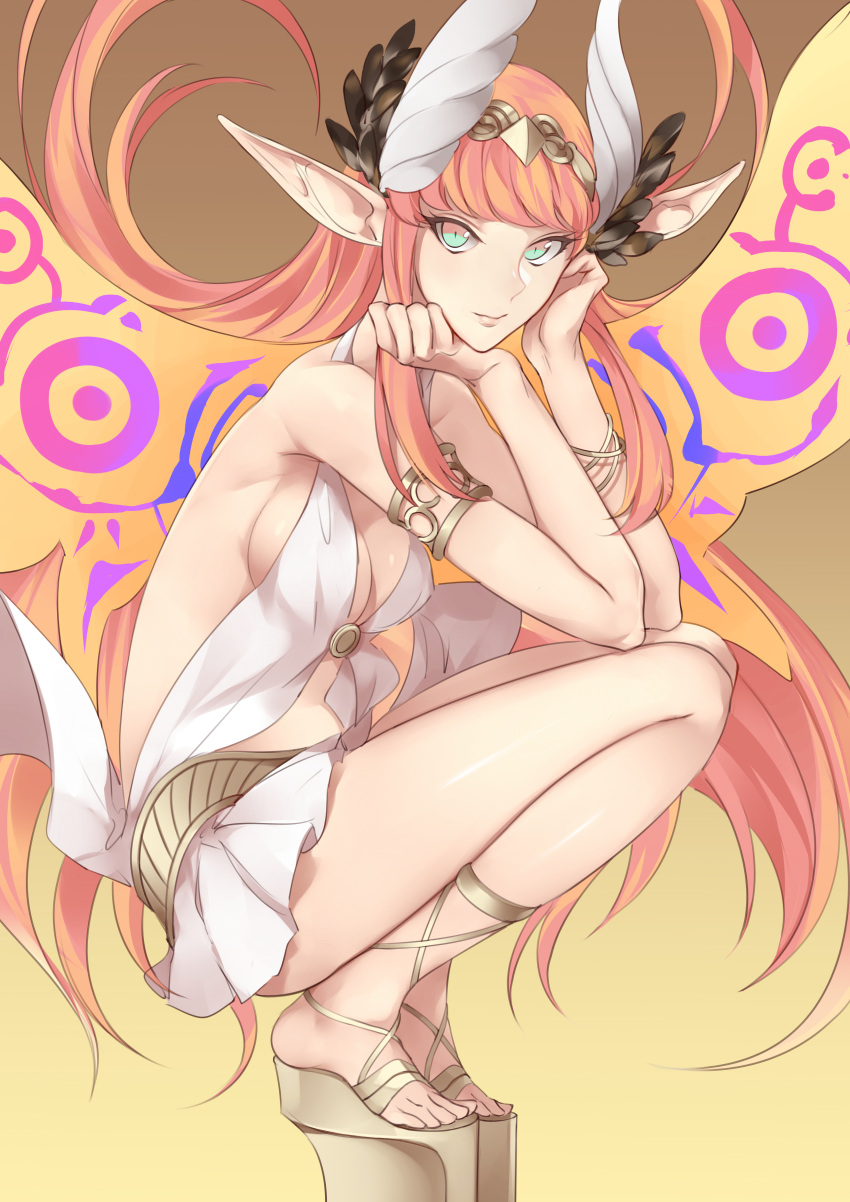 1girl, absurdres, back, bare_shoulders, blue_eyes, breasts, chin_rest, circe_(fate)