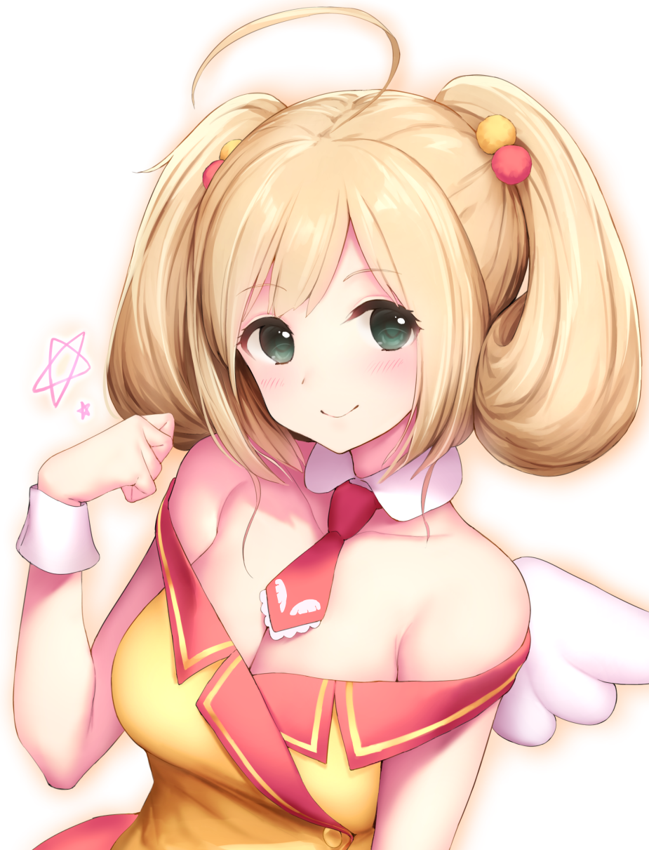 1girl, ahoge, bangs, bare_shoulders, blonde_hair, blush, breasts, cleavage
