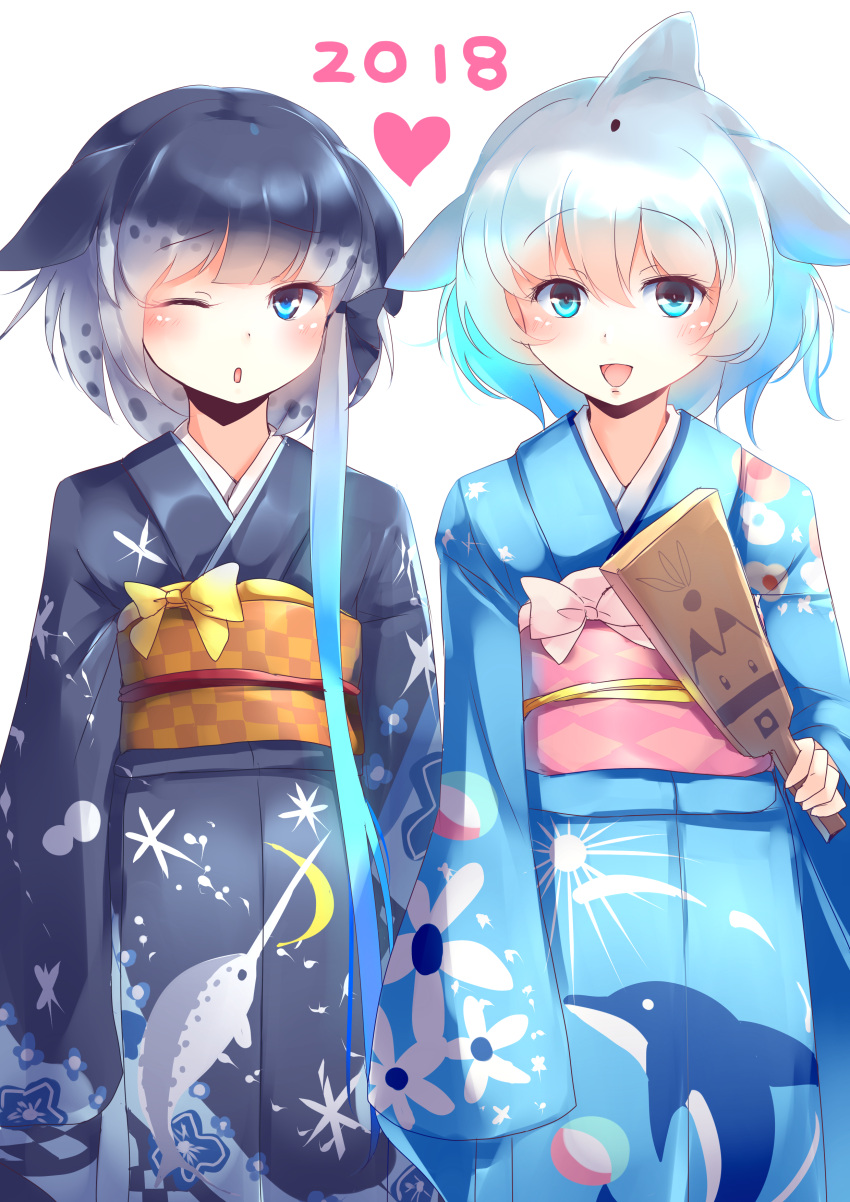 2girls, :d, :o, absurdres, animal_ears, bangs, blue_eyes, blue_kimono