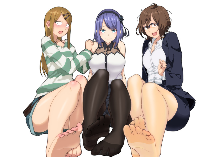 3girls, bad_proportions, breasts, brown_hair, dagashi_kashi, denim, denim_shorts, endou_saya_(dagashi_kashi), feet, foreshortening, glasses, hair_ornament, hairband, hairclip, highres, jacket, large_breasts, light_brown_hair, long_hair, looking_at_viewer, multiple_girls, owari_hajime, pantyhose, pencil_skirt, purple_hair, shidare_hotaru, shirt, short_hair, shorts, sitting, skirt, striped, striped_shirt, todoroki_(xttn9dul), toes