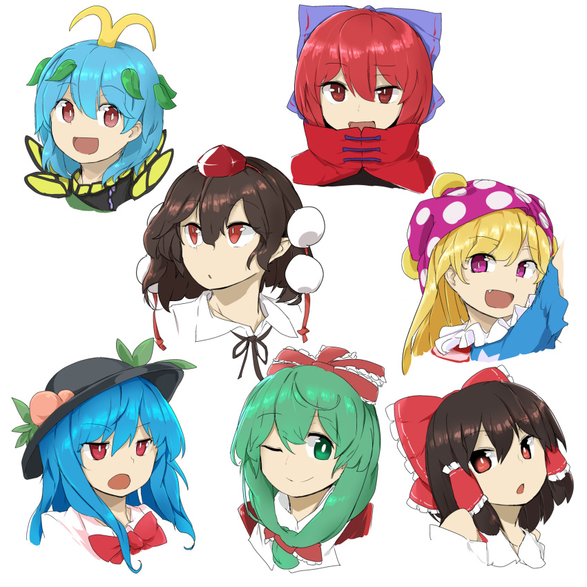 6+girls, :d, ;), antennae, arm_up, bangs, black_hair, black_hat