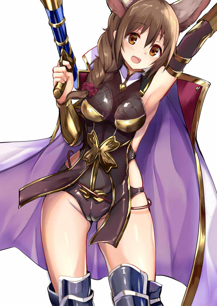 1girl, :d, arm_up, armor, armored_boots, armpits, bangs, black_leotard