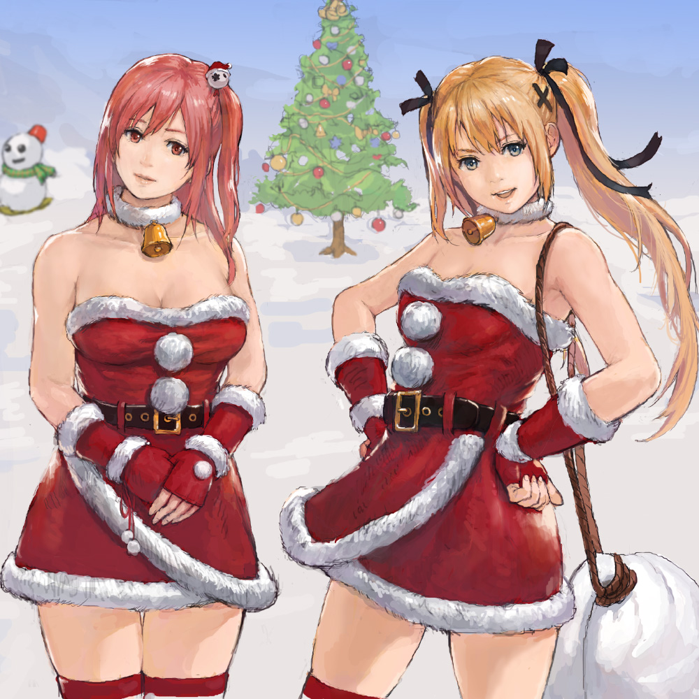 2girls, :d, bangs, bare_shoulders, bell, bell_collar, belt, blonde_hair