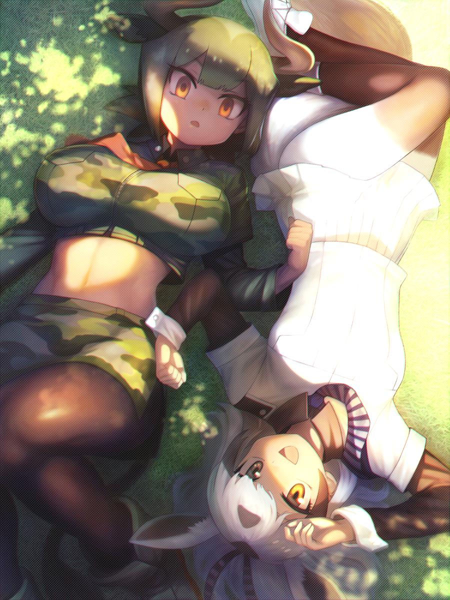2girls, :d, animal_ears, arabian_oryx_(kemono_friends), aurochs_(kemono_friends), bangs, black_hair, bodystocking