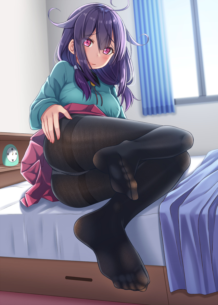 1girl, ahoge, alarm_clock, alternate_costume, aqua_shirt, ass, bed_sheet, blanket