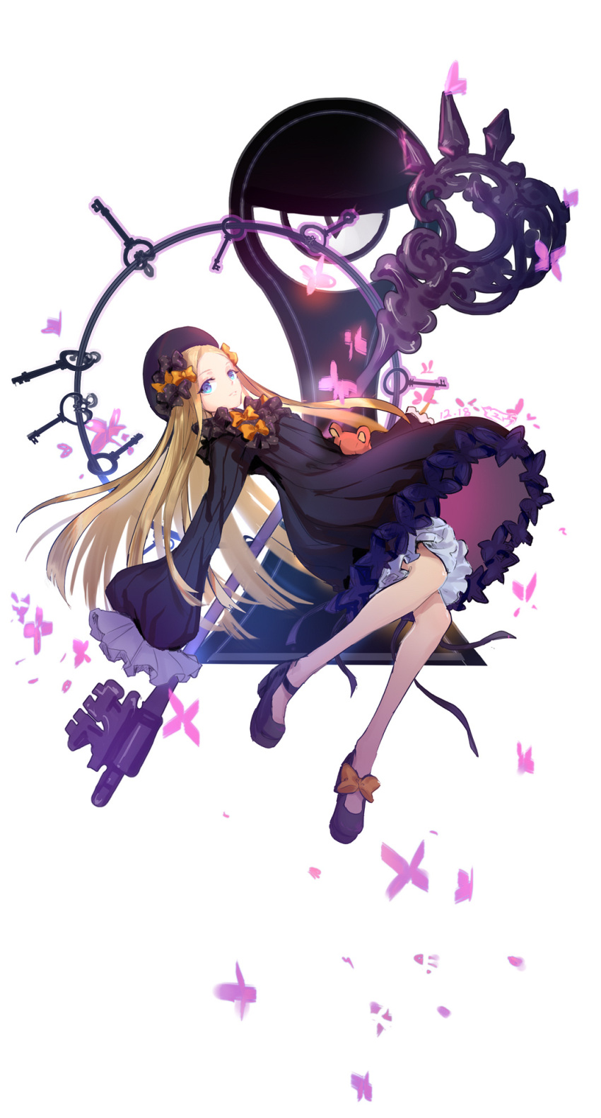 1girl, abigail_williams_(fate/grand_order), asukayou, bangs, black_bow, black_dress, black_footwear, black_hat