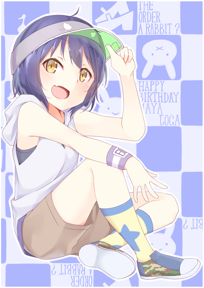 1girl, :d, adjusting_headwear, bangs, bare_shoulders, blue_hair, blush, breasts
