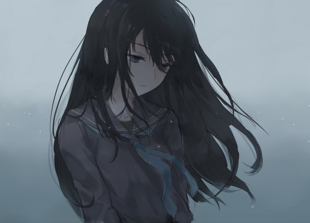 1girl, bangs, black_hair, blue_eyes, blue_neckwear, closed_mouth, grey_background, grey_sailor_collar