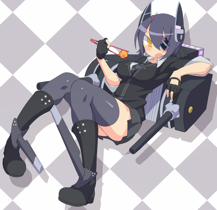 1girl, argyle, argyle_background, argyle_neckwear, black_footwear, black_gloves, black_shirt, boots