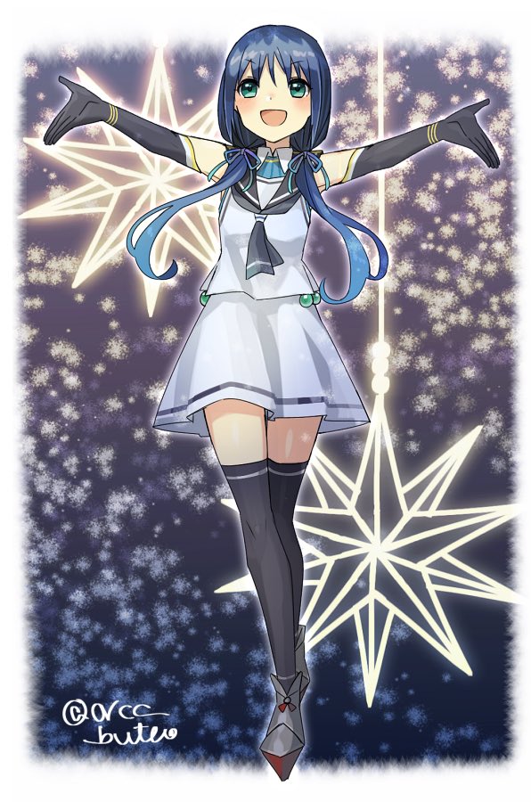 1girl, black_gloves, black_legwear, black_neckwear, black_sailor_collar, blue_hair, elbow_gloves, full_body