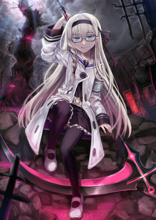 1girl, blonde_hair, blue_eyes, clouds, cloudy_sky, deviantarthiirotaka, glasses, gretel_(mary_skelter)