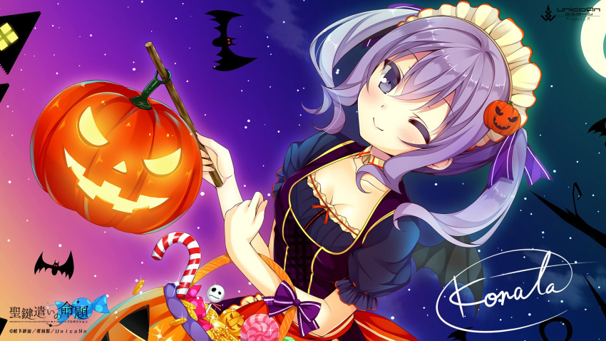 1girl, ;), artist_request, blush, breasts, character_request, choker, cleavage, collarbone, dutch_angle, eyebrows_visible_through_hair, food_themed_hair_ornament, hair_between_eyes, hair_ornament, halloween, halloween_costume, highres, long_hair, looking_at_viewer, maid_headdress, medium_breasts, moon, one_eye_closed, pumpkin_hair_ornament, purple_hair, seiken_tsukai_no_proposition, signature, sky, smile, solo, star_(sky), starry_sky, twintails, violet_eyes