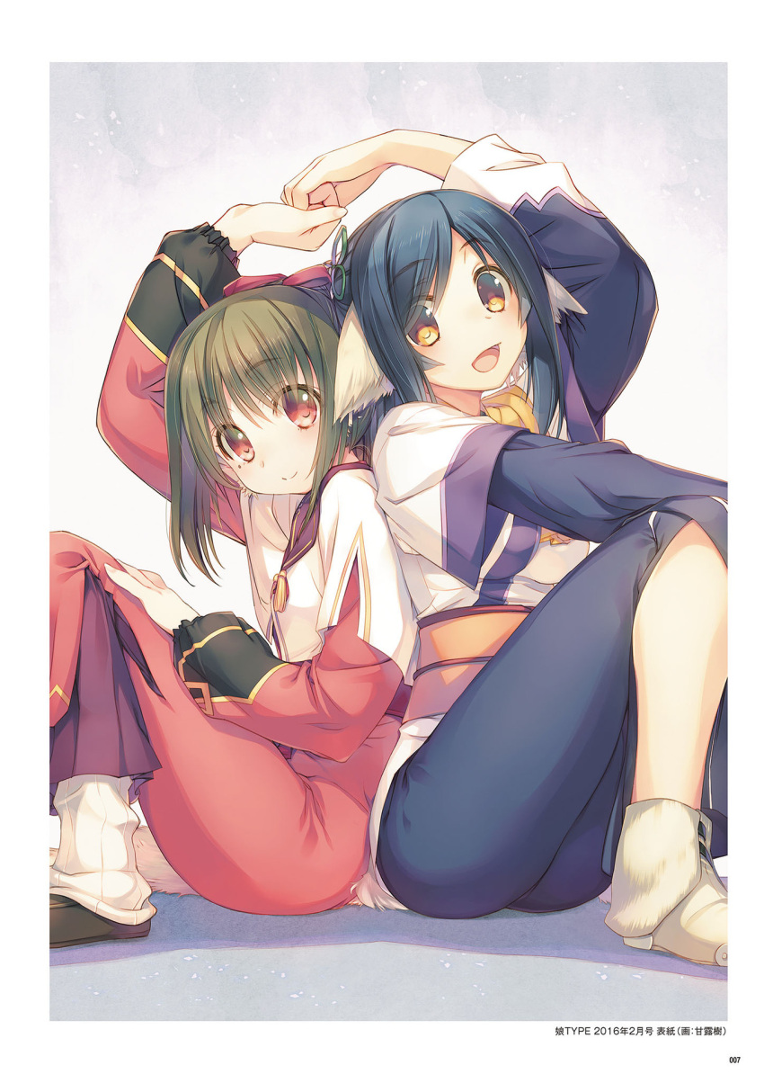 2girls, amazuyu_tatsuki, back-to-back, blue_hair, blue_pants, dress, eyebrows_visible_through_hair, green_hair