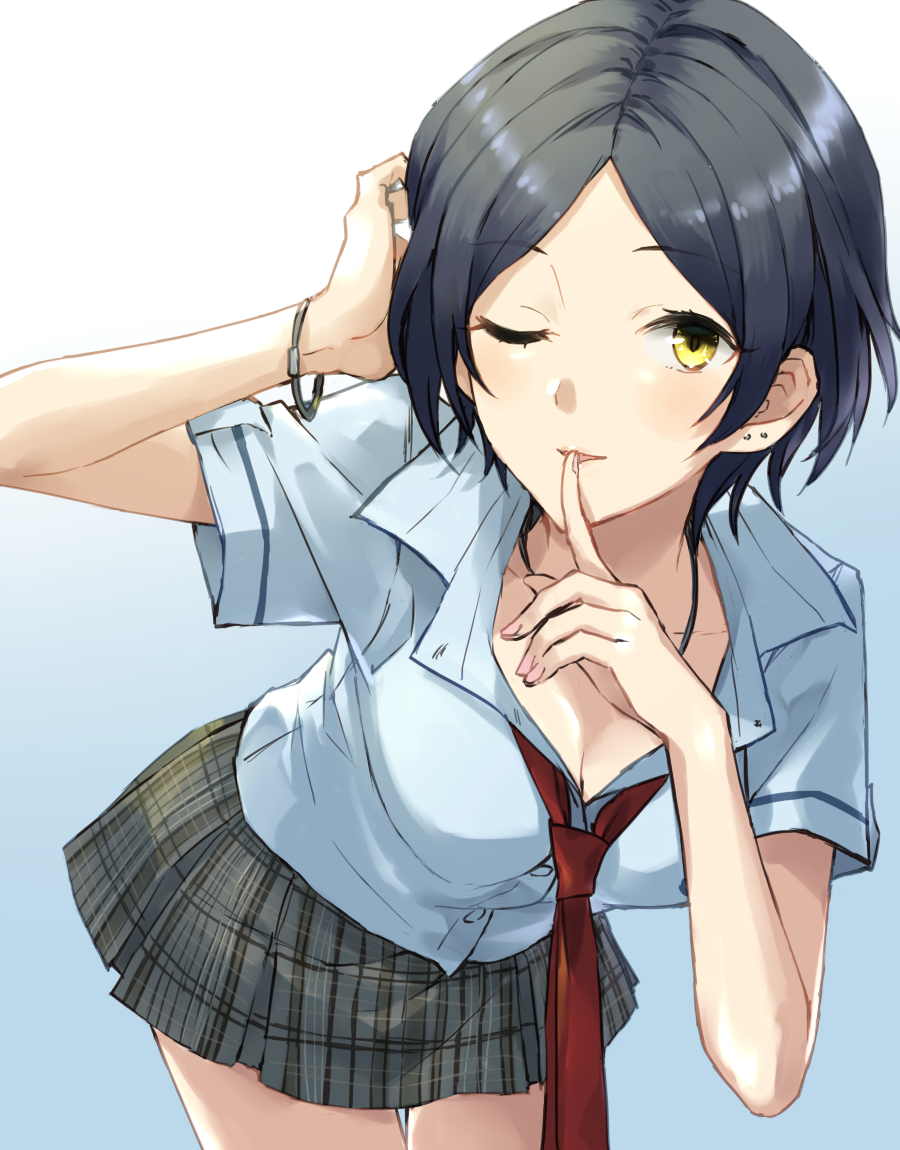 1girl, bangs, bent_over, black_hair, blue_background, blue_shirt, blush, breasts