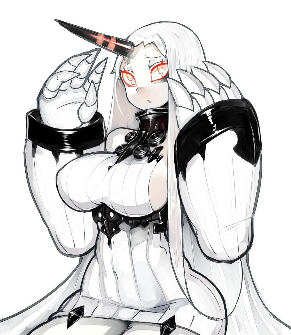 1girl, breasts, claws, commentary_request, cowboy_shot, hands_up, harau, horn