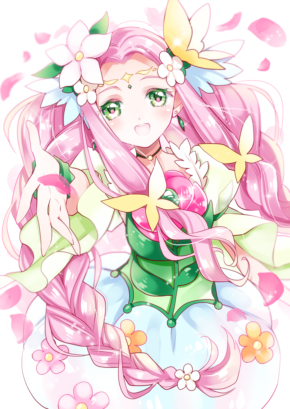 1girl, :d, ayumaru_(art_of_life), braid, bubble_skirt, colored_eyelashes, cure_felice, earrings