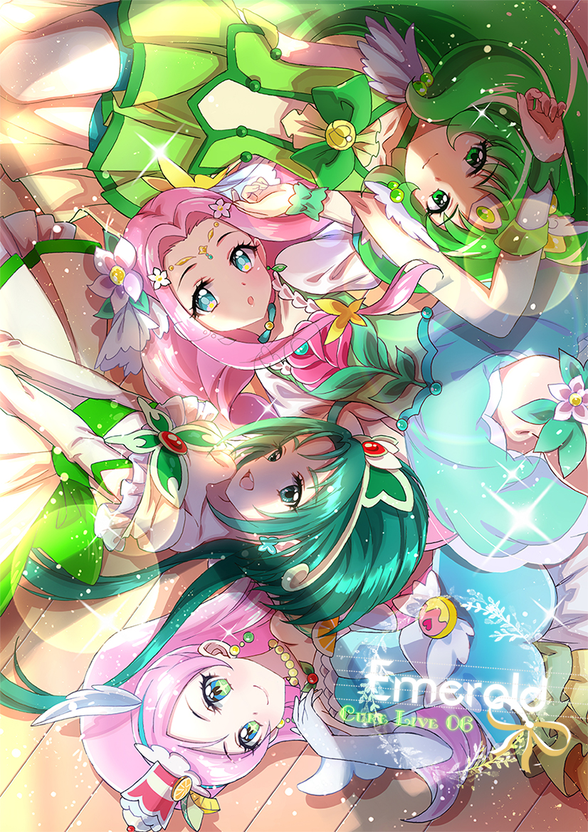 4girls, akimoto_komachi, aqua_eyes, aqua_skirt, arm_warmers, bike_shorts, blue_hairband, bow