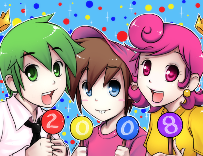 00s, 1girl, 2008, 2boys, :d, blue_eyes, blush, bradsgurl, brown_hair, closed_mouth, cosmo, crown, deviantart, fairy, green_eyes, green_hair, necktie, nickelodeon, open_mouth, pink_eyes, pink_hair, pink_hat, pink_shirt, short_hair, the_fairly_oddparents, timmy_turner, wand, wanda, white_shirt, wings, yellow_shirt