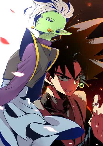 2boys, black_background, black_eyes, black_hair, dougi, dragon_ball, dragon_ball_super, earrings