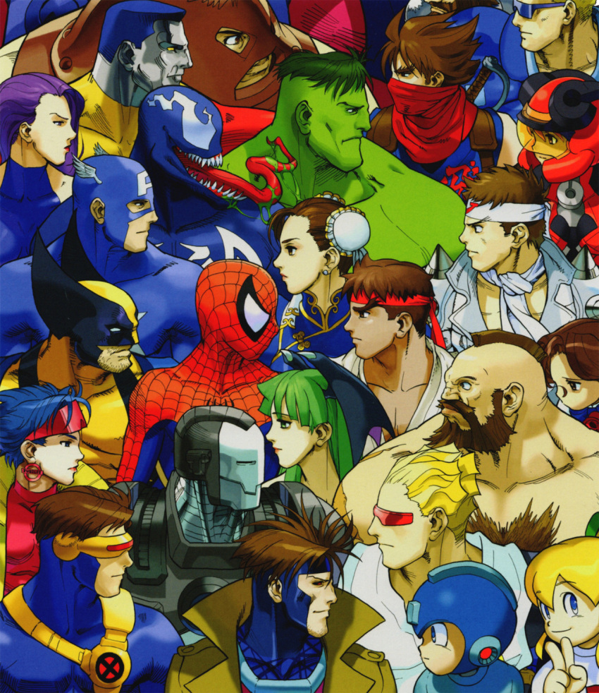 1998, 6+boys, beard, bengus, blonde_hair, blue_hair, bodysuit, brown_hair