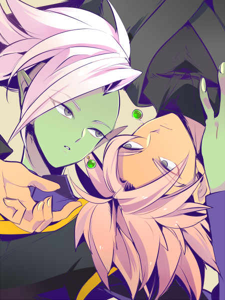 2boys, dragon_ball, dragon_ball_super, earrings, expressionless, eyebrows_visible_through_hair, gokuu_black, green_skin