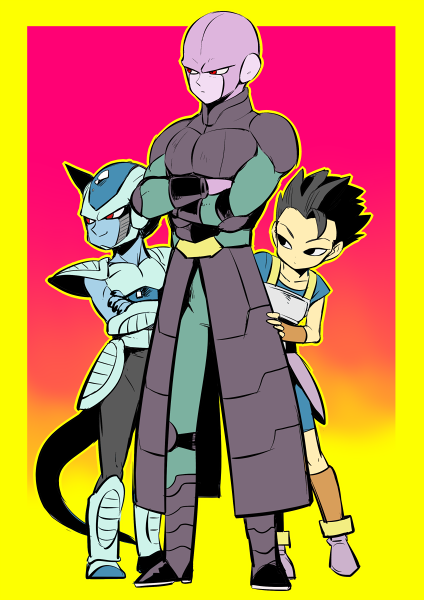 3boys, black_eyes, black_hair, cabba_(dragon_ball), crossed_arms, dragon_ball, dragon_ball_super, frost_(dragon_ball)