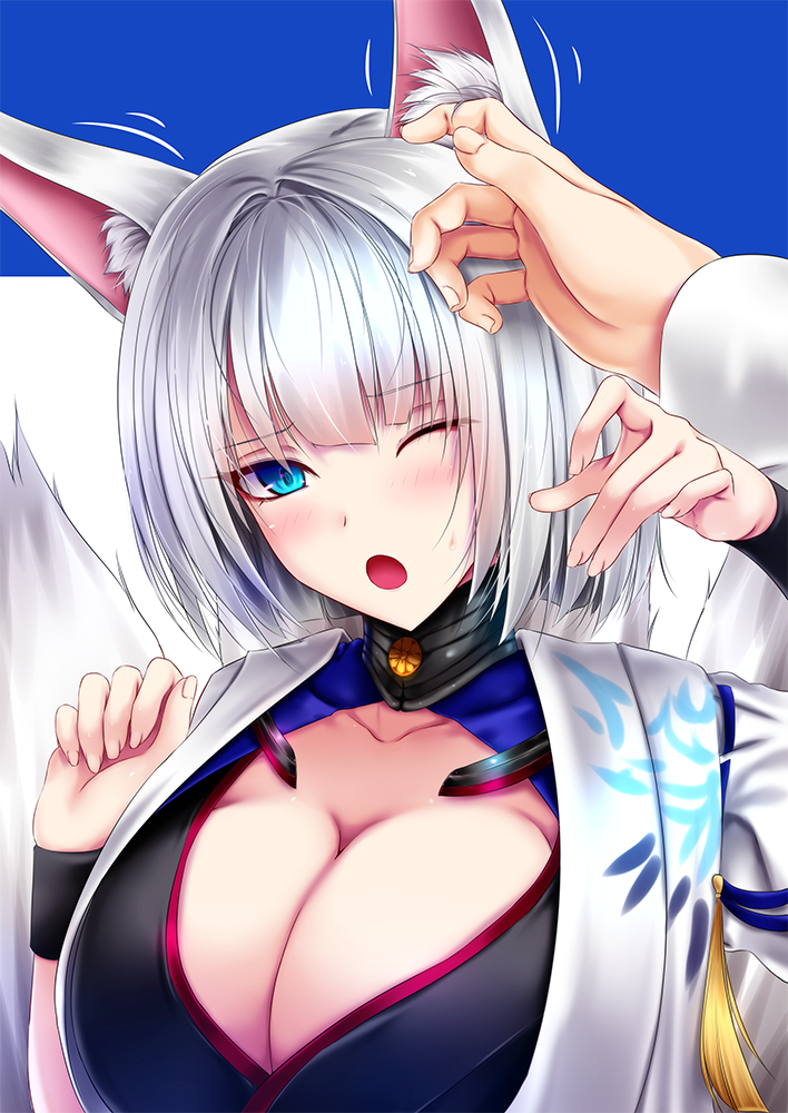1girl, akeyama_kitsune, animal_ears, azur_lane, blue_background, blue_eyes, blush, breasts