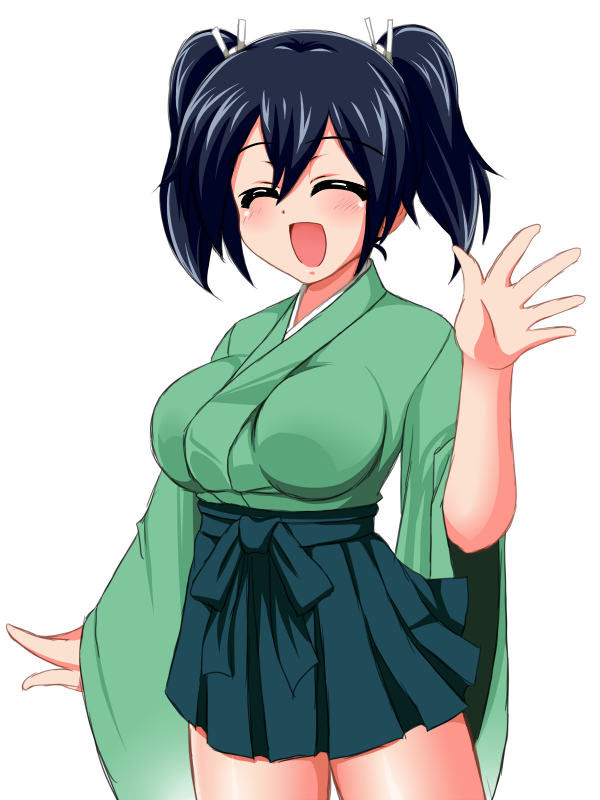 1girl, blue_hair, breasts, closed_eyes, cowboy_shot, hair_ribbon, hakama_skirt, japanese_clothes