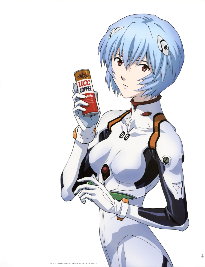 1girl, absurdres, ayanami_rei, blue_hair, bodysuit, breasts, can, canned_coffee, coffee, covered_collarbone, evangelion:_2.0_you_can_(not)_advance, hair_ornament, highres, holding, looking_at_viewer, matsubara_hidenori, medium_breasts, neon_genesis_evangelion, official_art, page_number, pilot_suit, plugsuit, product_placement, rebuild_of_evangelion, red_eyes, scan, short_hair, simple_background, solo, ucc_coffee, white_background, white_bodysuit